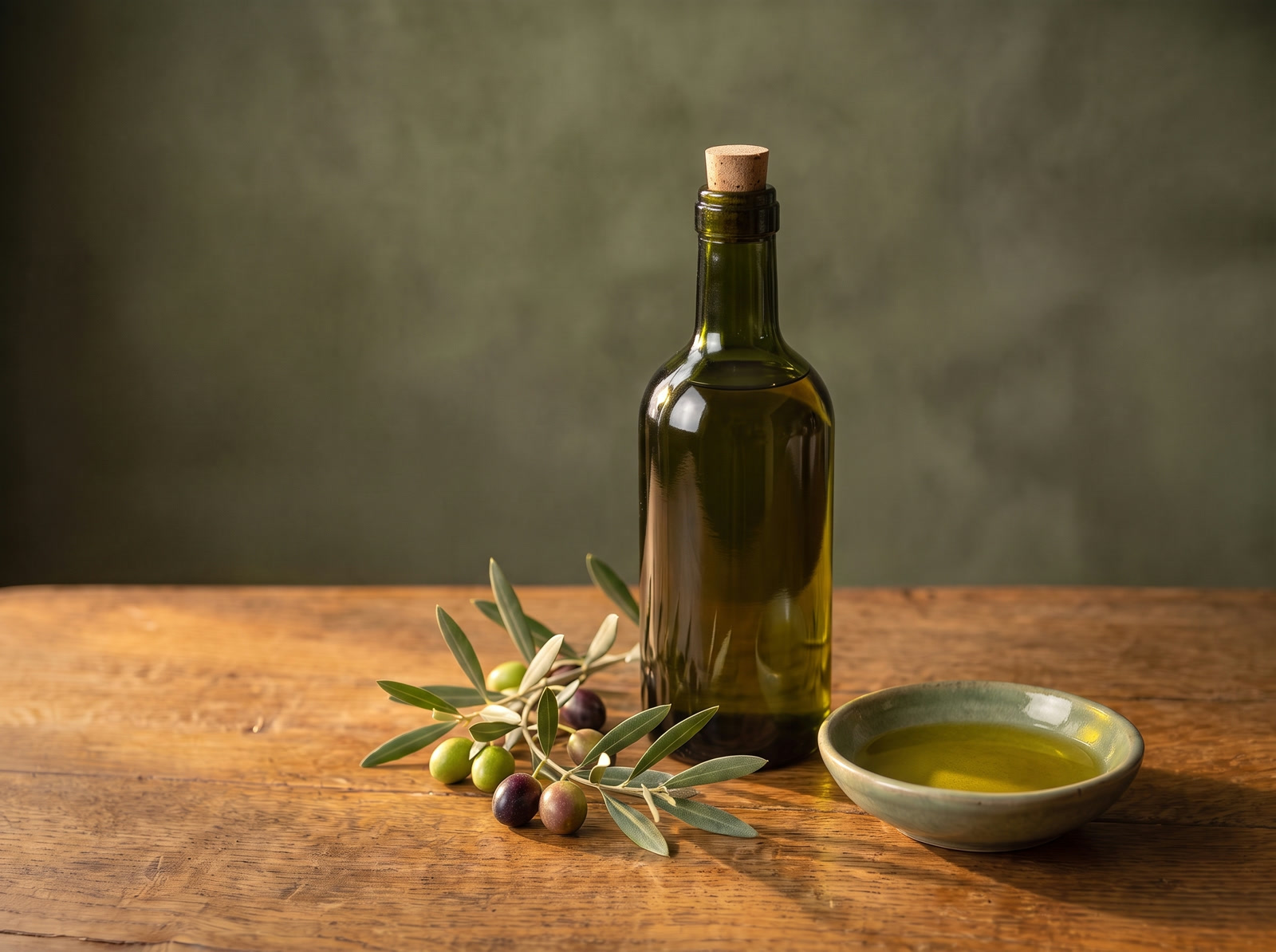 Olio extravergine in una bottiglia di vetro scuro, con una ciotolina d'olio e un rametto d'ulivo con le olive