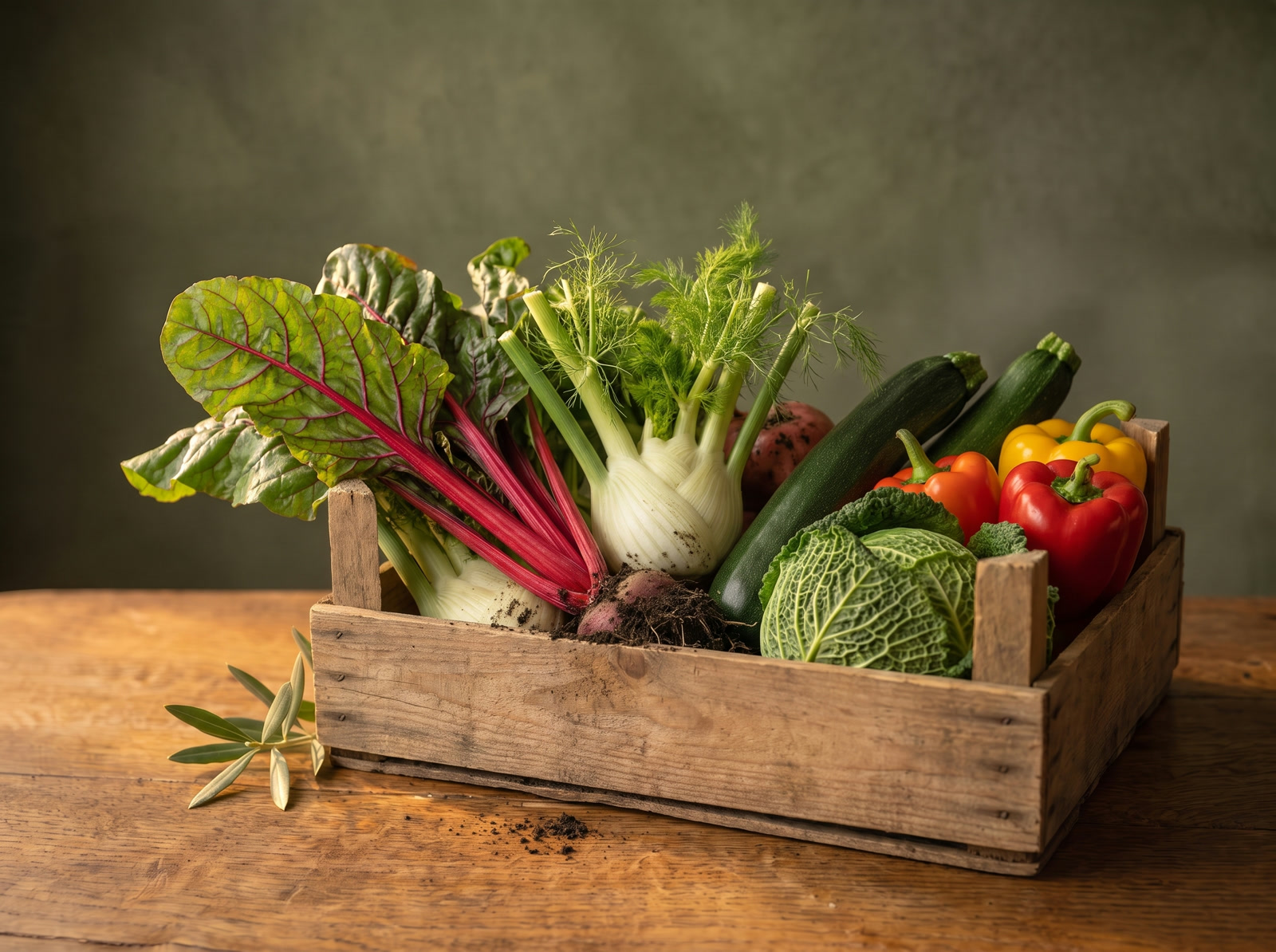 Ortaggi di stagione appena raccolti in una cassetta di legno: bietole, finocchi, zucchine, peperoni e cavolo